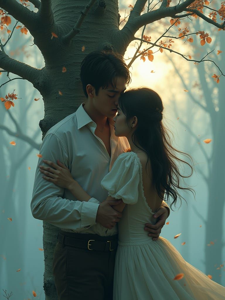 Drunk Man Embraces Birch Tree Before Girl, Hokusai Style