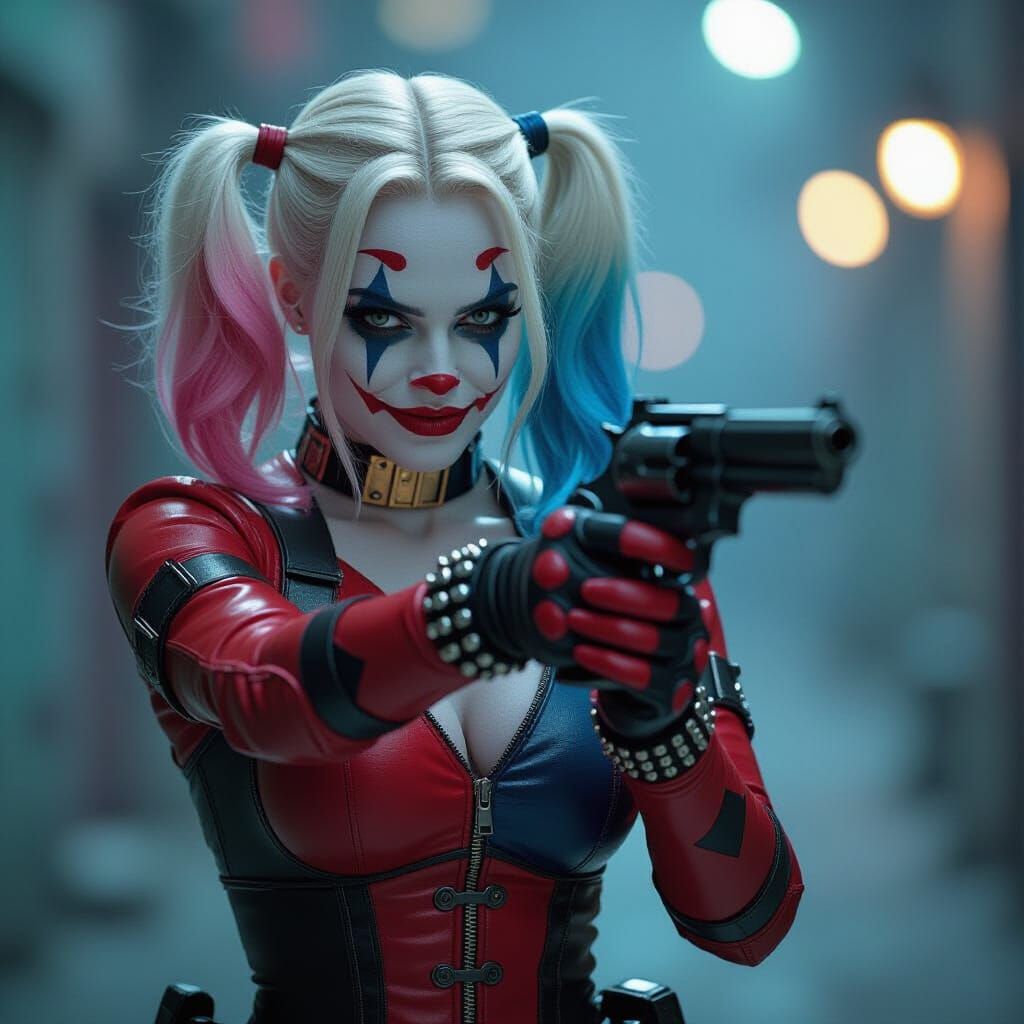 Harley Quinn in Iconic Suicide Squad Costume with Revolver