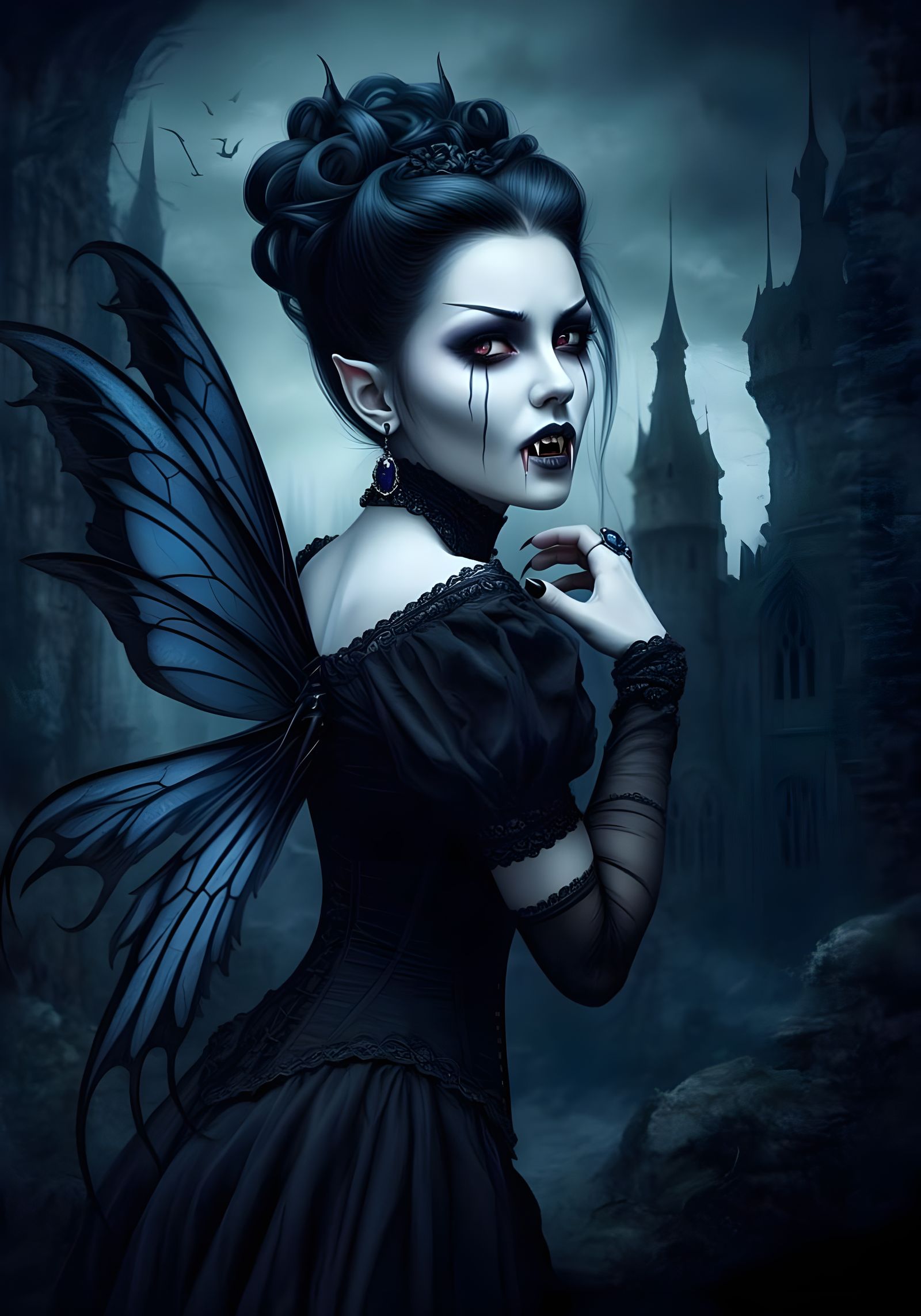 Gothic Vampire Fairy Portrait with Bat Wings