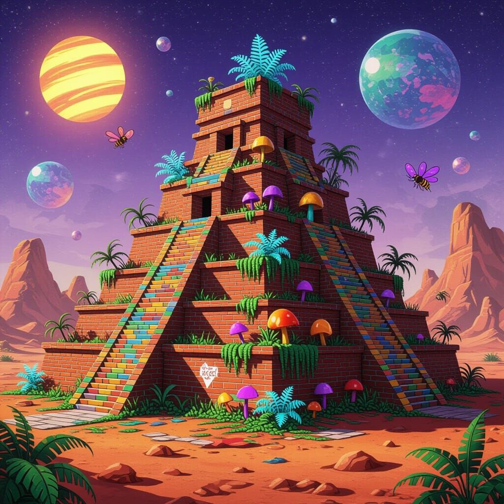 Colorful Alien Ziggurat in Graffiti Art Style