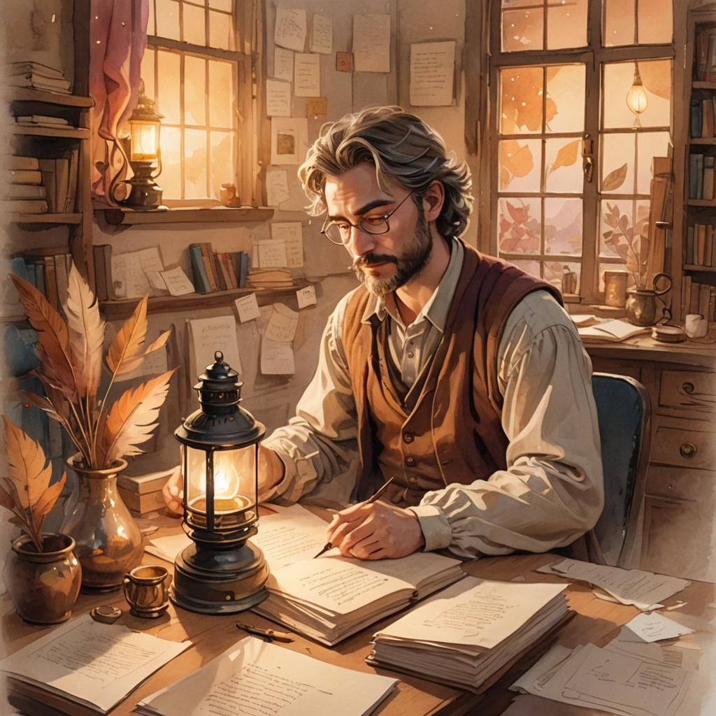 Cozy Poet's Studio: Whimsical Watercolor Illustration