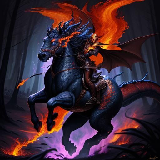 Fiery Horse-Dragon Leaping Through Enchanted Forest
