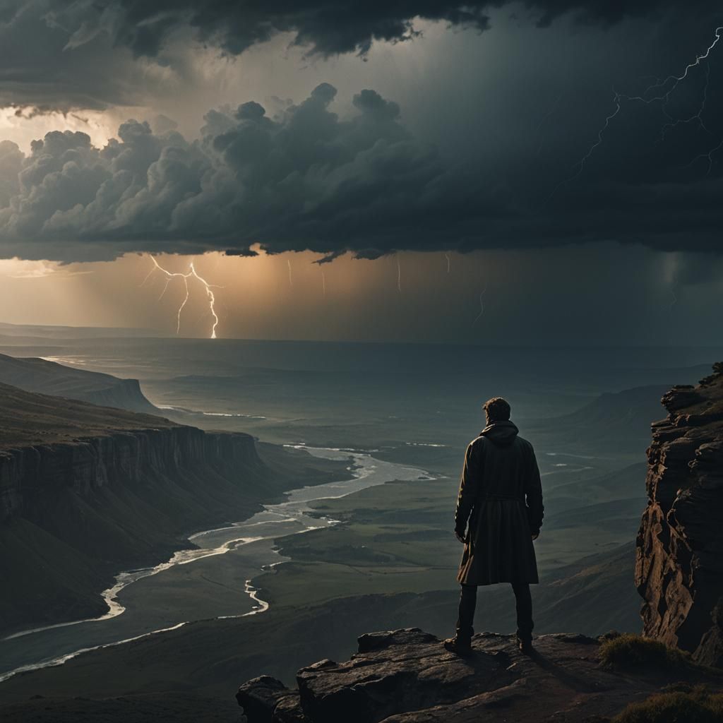 Dramatic Figure Silhouetted in Stormy Landscape