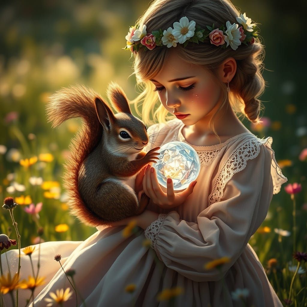 Mystical Girl and Crystal Squirrel in Sunlit Meadow