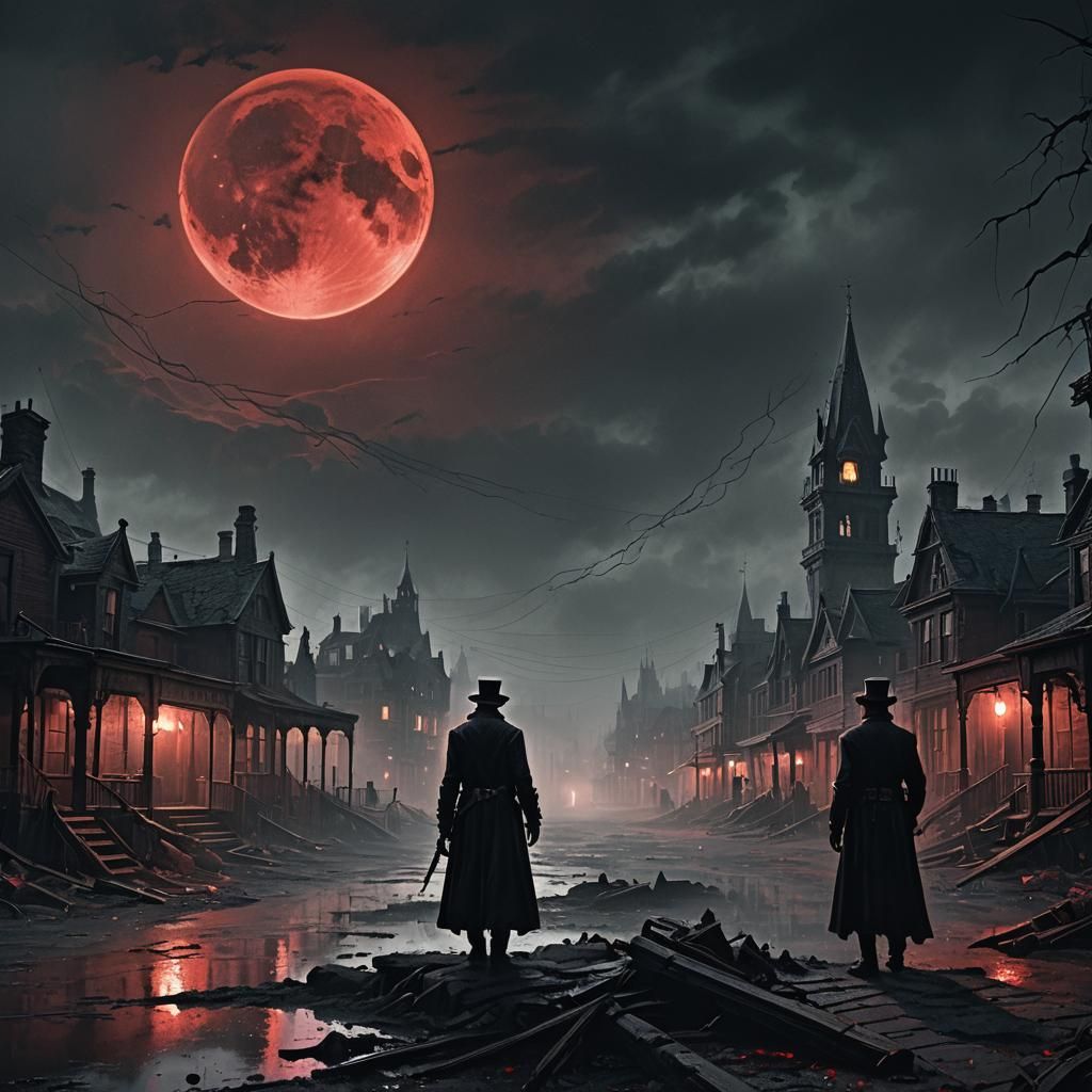 Dark Fantasy Figure in Mist-Shrouded Town