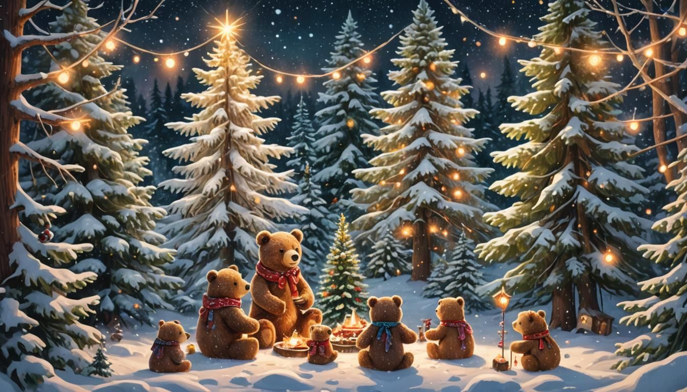 Whimsical Bears in Enchanted Forest Clearing