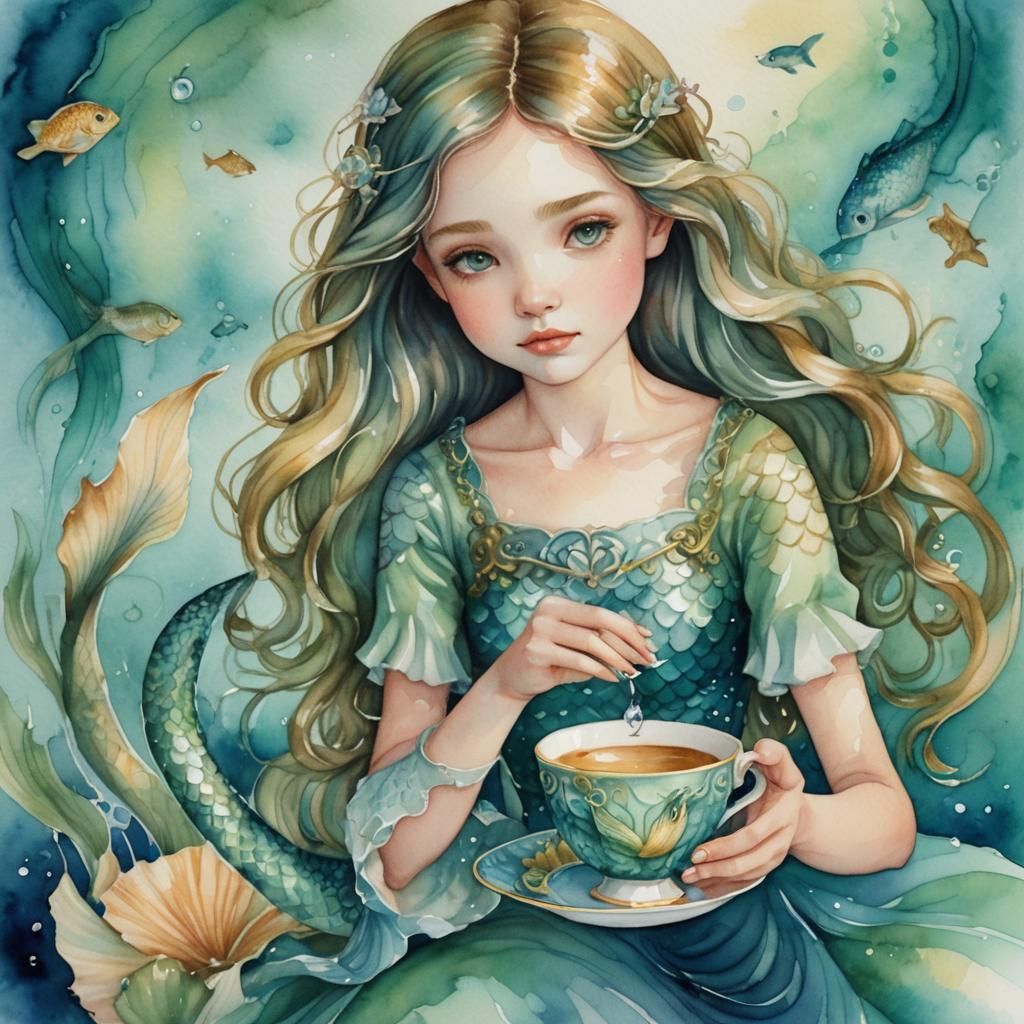 Girl with Teacup Sea: Whimsical Surrealism