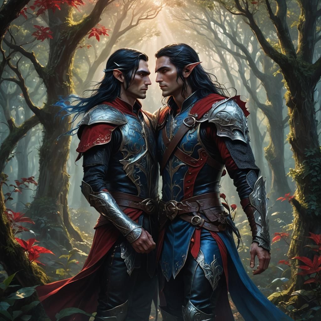 A male elf, with very long black hair, blue eyes, wearing re...