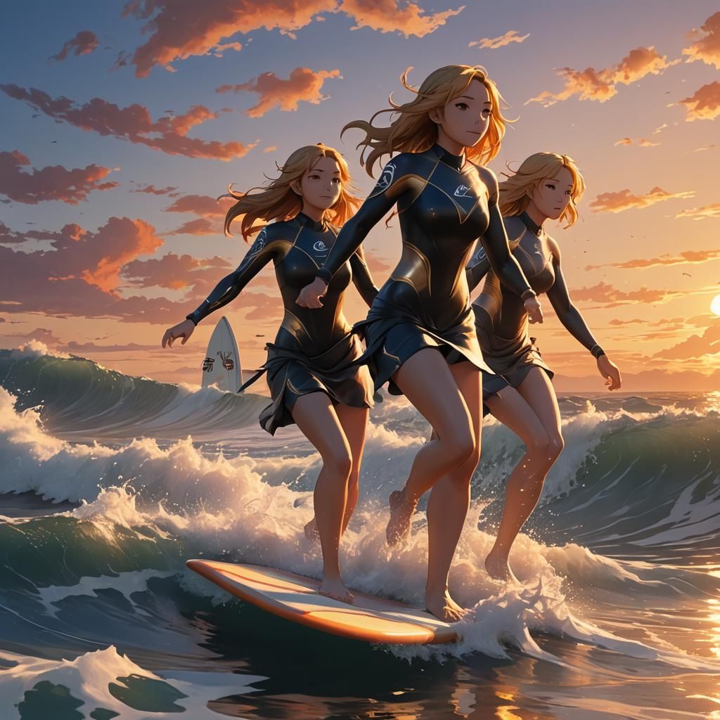 Anime Girls Surfing Sunset Waves in 3D