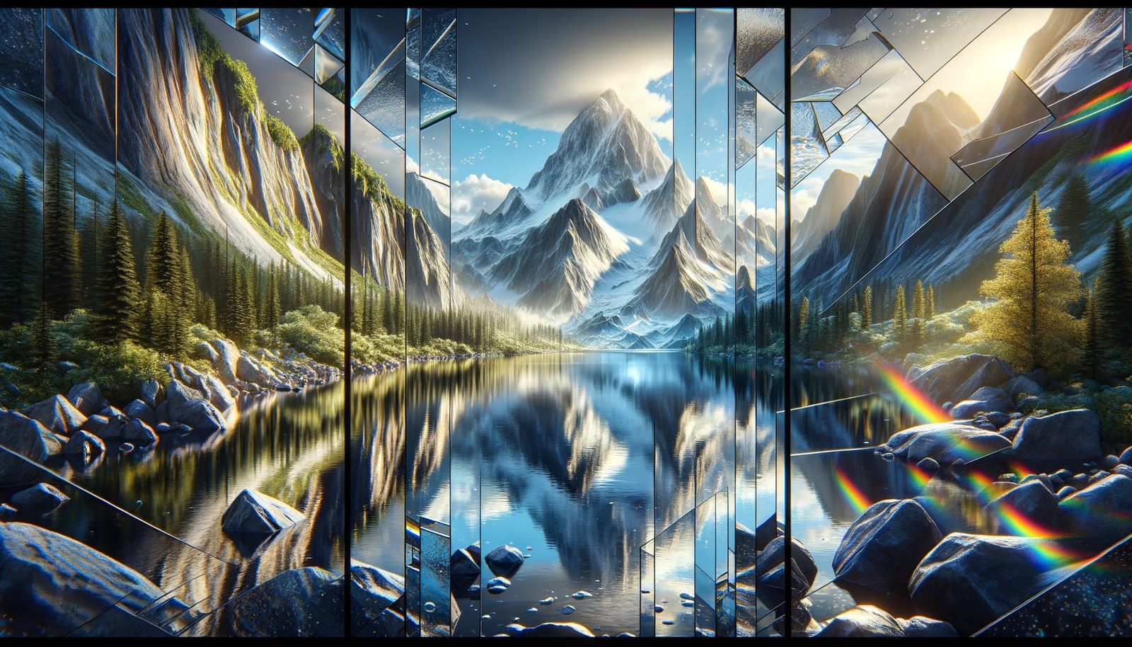 Refracted Triptych of Mountain Landscape in Ultra-HD