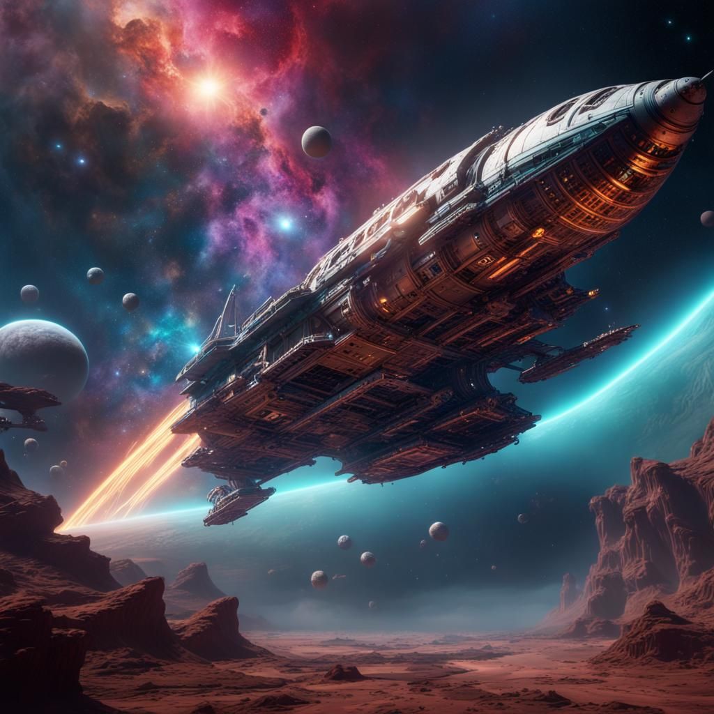 Spaceship Sails Through Starry Nebula in Space