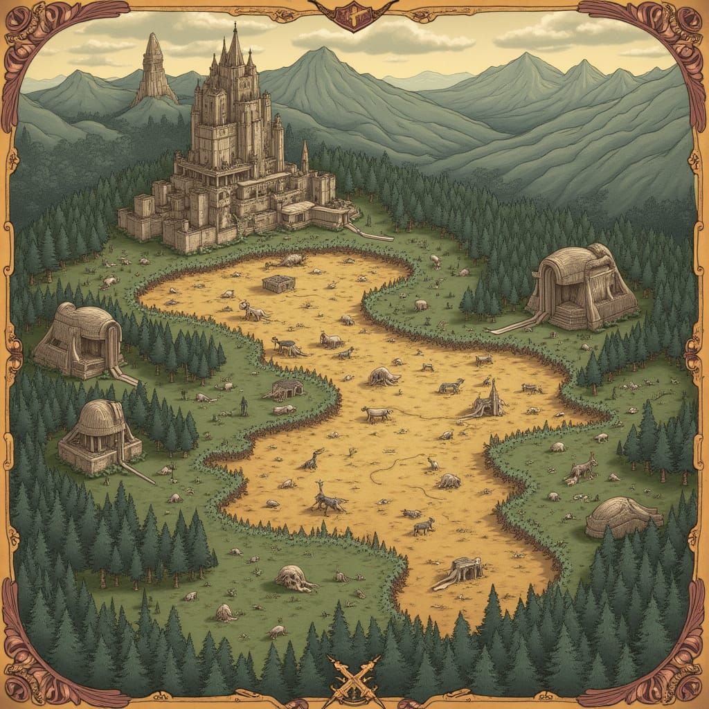 Fantastical Map Illustration in Aged Parchment Style