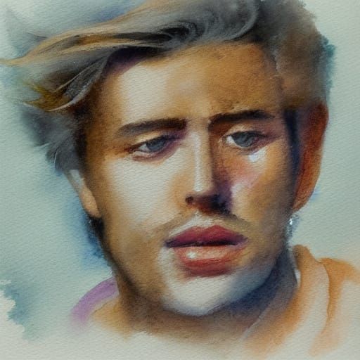 Ethereal Watercolor Portrait of a Man on the Beach