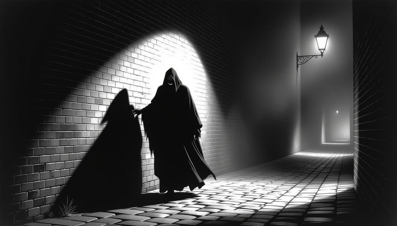 Shadowy Figure in Moonlit Alleyway, Dramatic Chiaroscuro Sty...