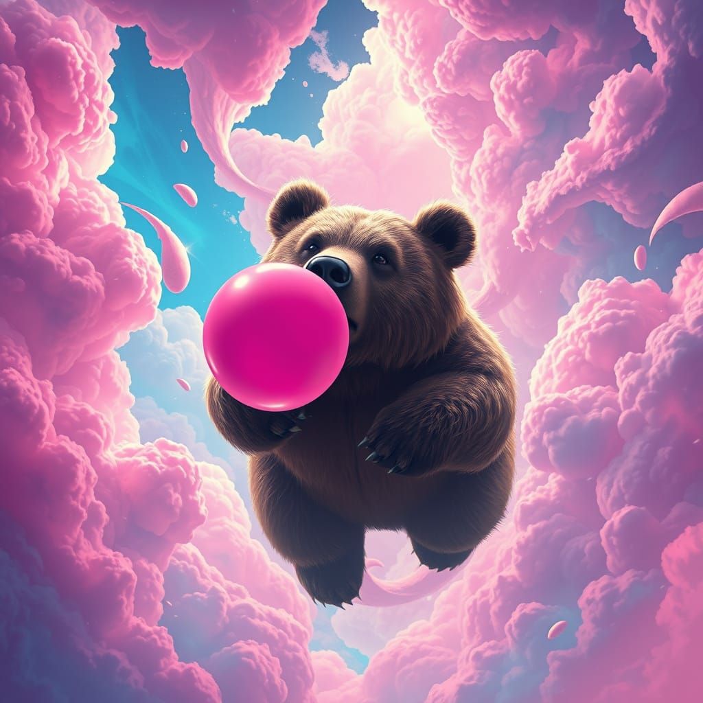 Fantasy Bear Takes Flight Amidst Vibrant, Swirling Clouds