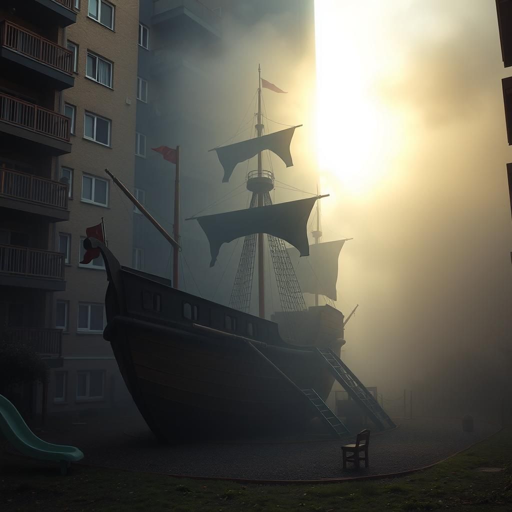 Misty Morning Playground with Wooden Ship