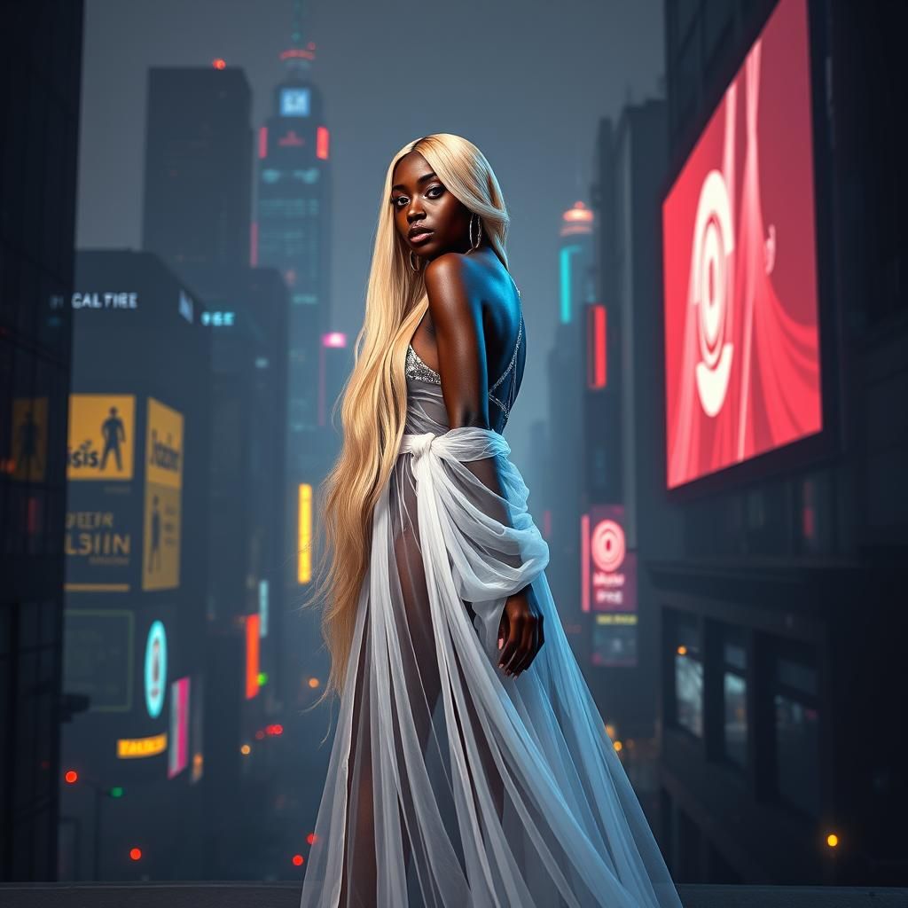 Futuristic Portrait of Woman in Neon Cityscape