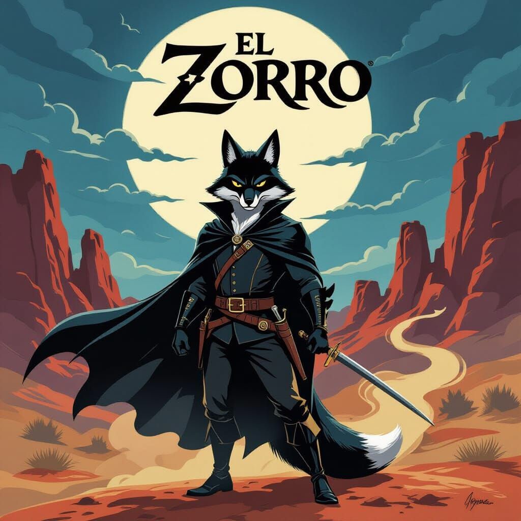 El Zorro Movie Poster: Dashing Fox Swordsman in Desert Night