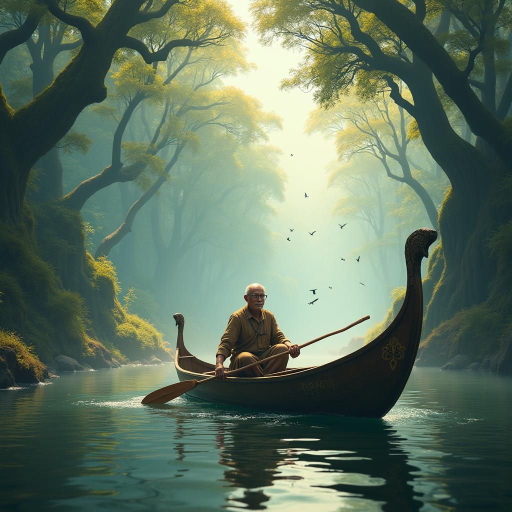 Serene Jukung Journey Through a Mist-Shrouded Forest