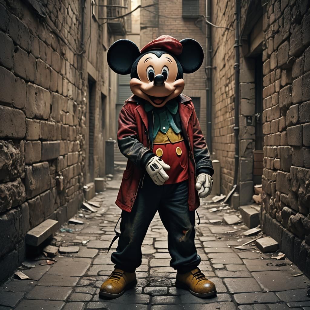Eerie Mickey Mouse in Dimly Lit Alleyway