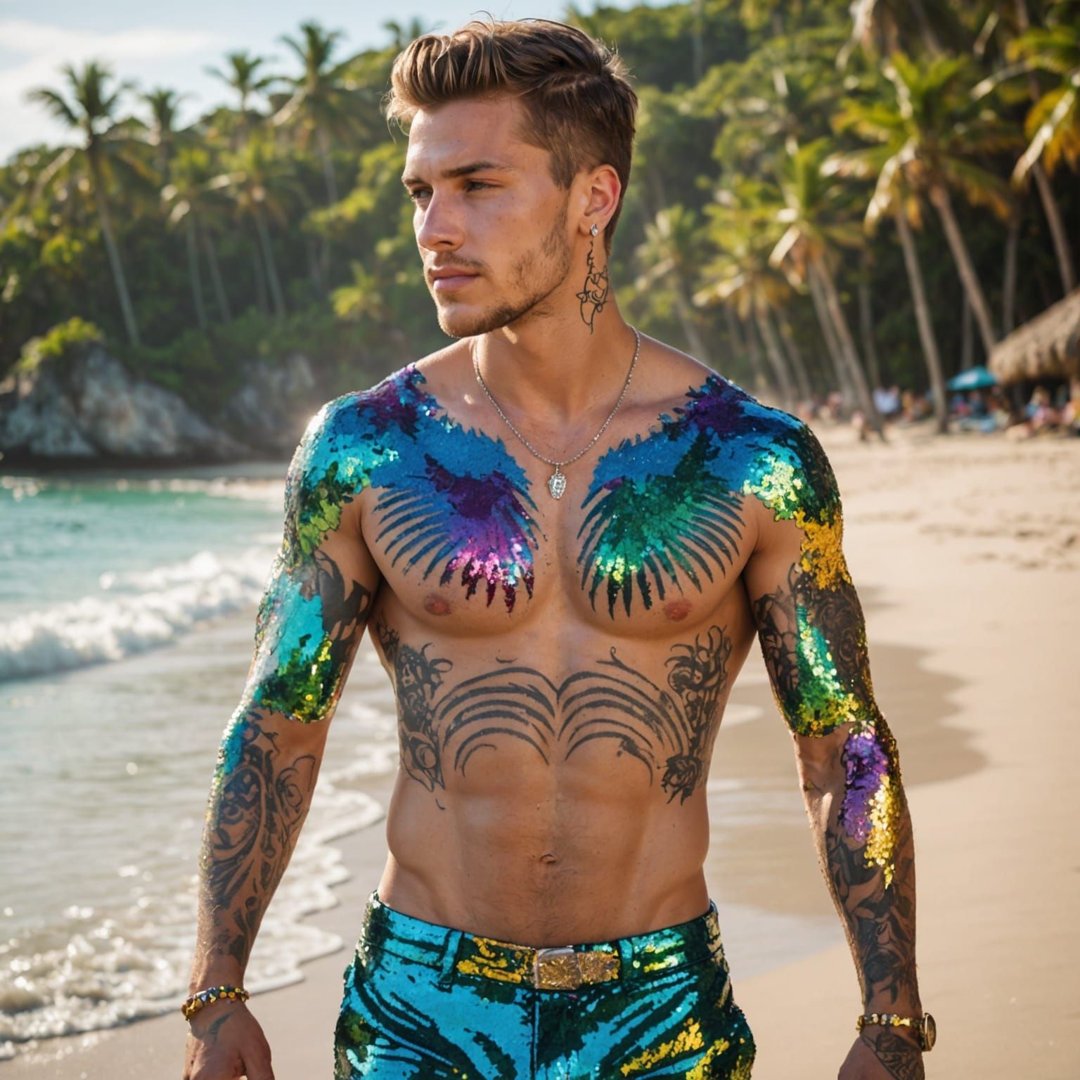 Man with Glitter Tattoos on Tropical Beach