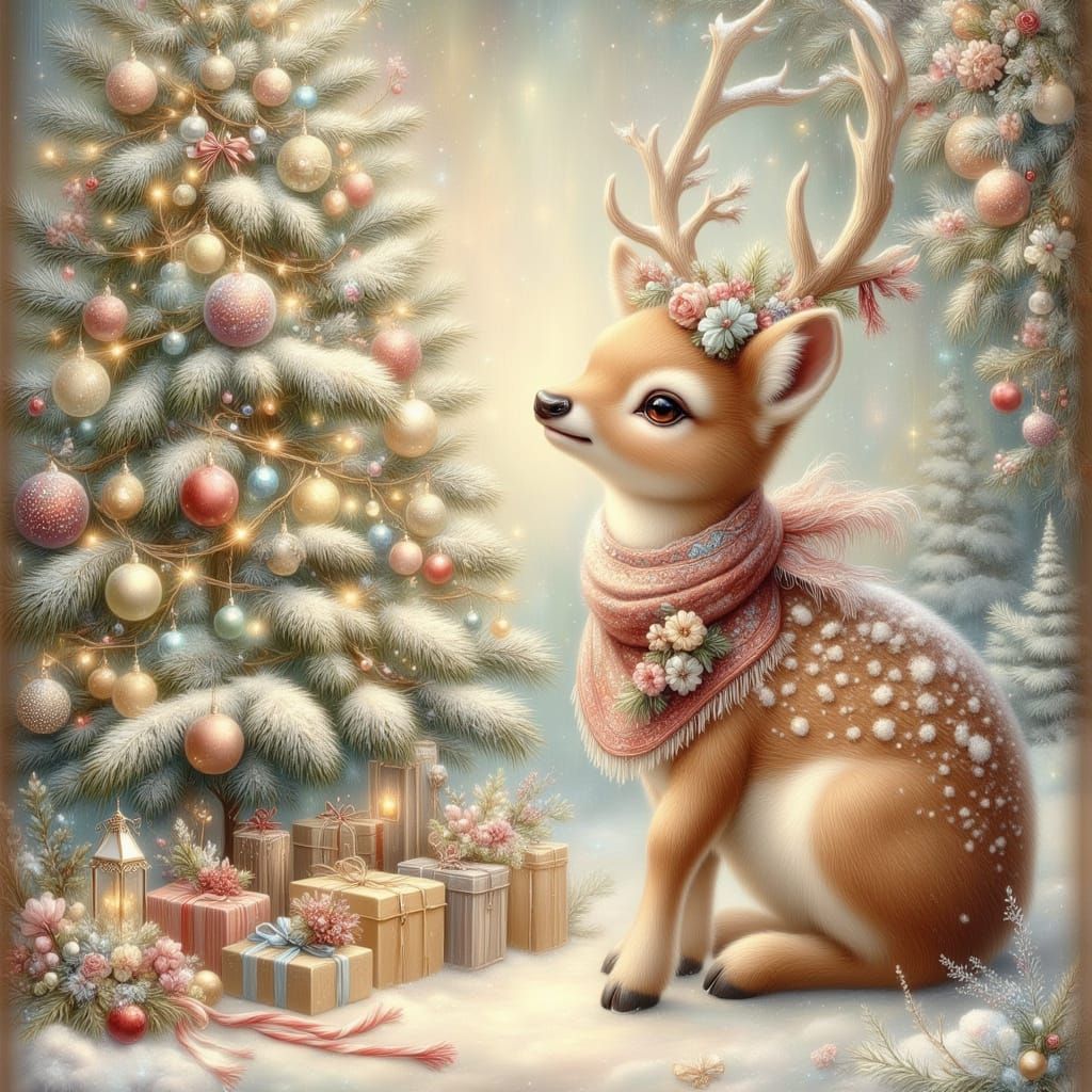 Fawn and Decorated Fir Tree in Pastel Art Nouveau Style