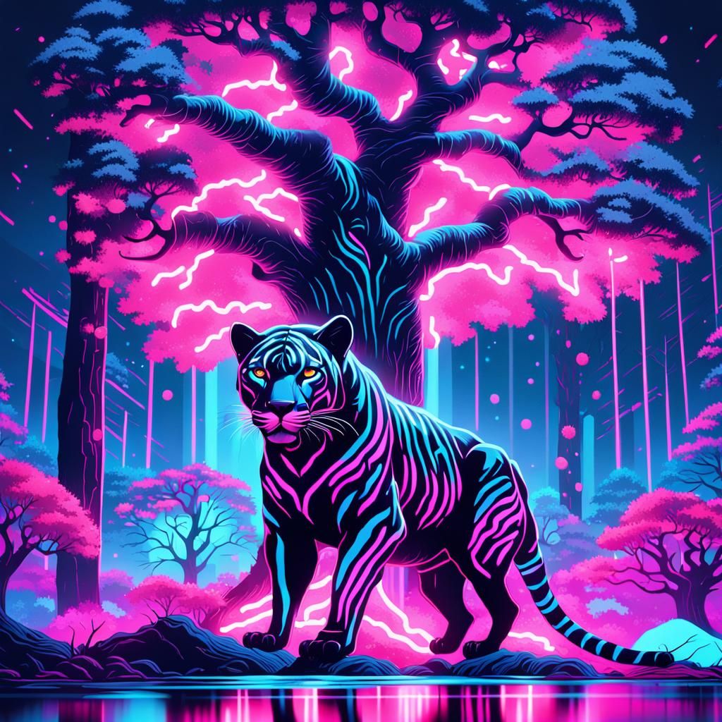 Synthwave Panther with Neon Stripes in Retro Style