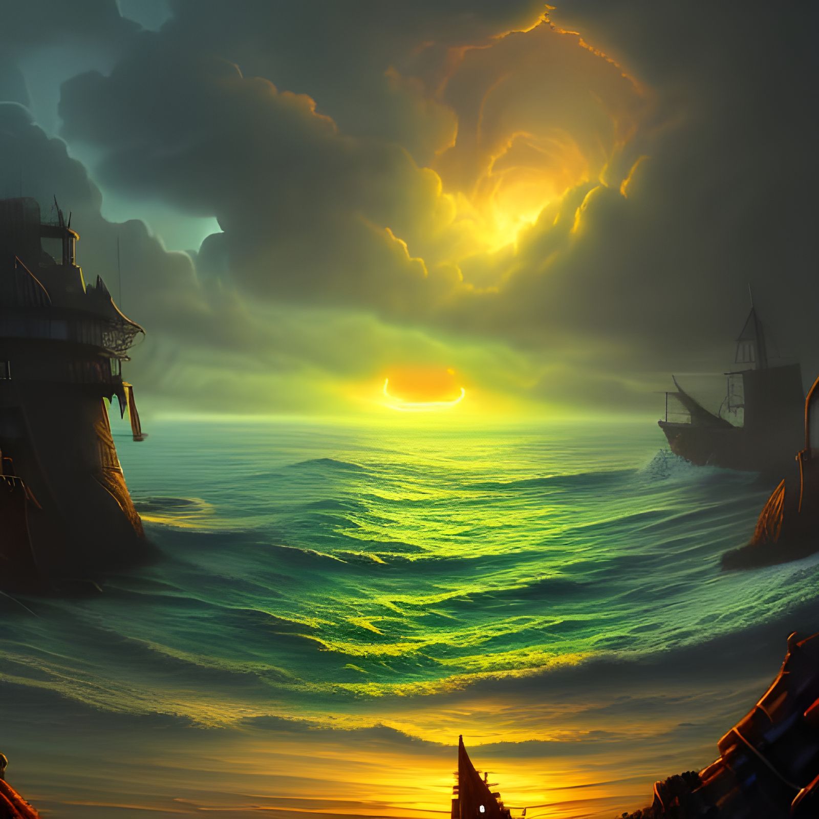 Green Door in Sea at Sunset: Fantasy Art