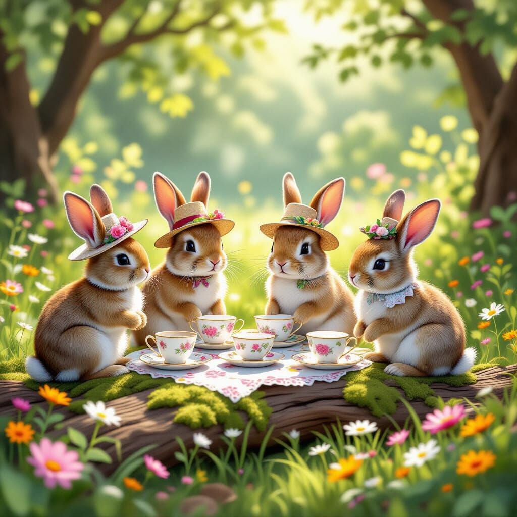 Rabbits Enjoy Whimsical Tea Party in Sun-Dappled Clearing
