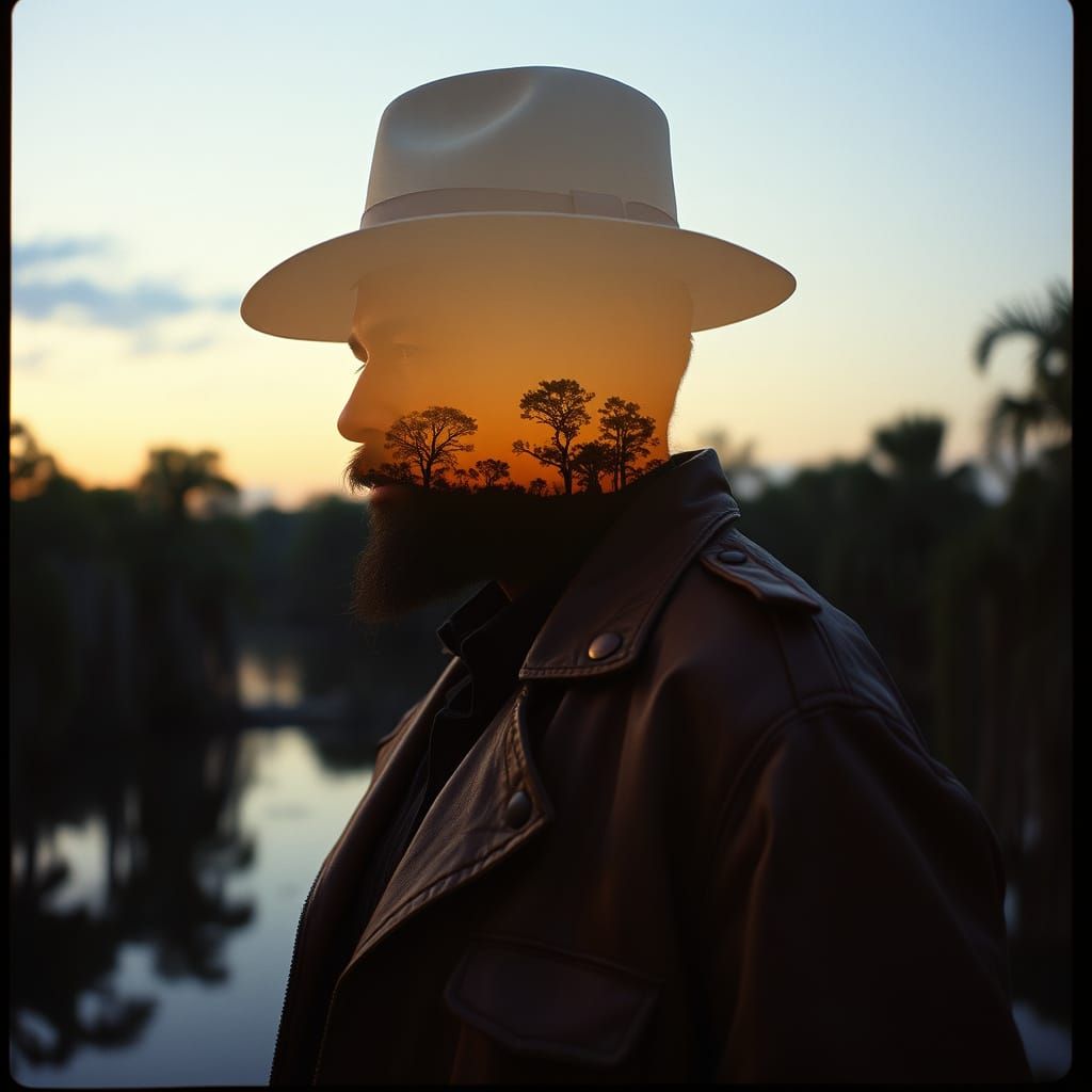 Voodoo Priest in Bayou Landscape, Double Exposure in Warm Go...