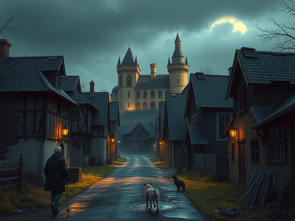 Ruined Medieval Village Street at Night