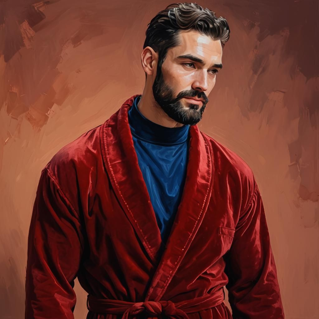 Cheerful Man in Red Velvet Robe, Impasto Oil Painting