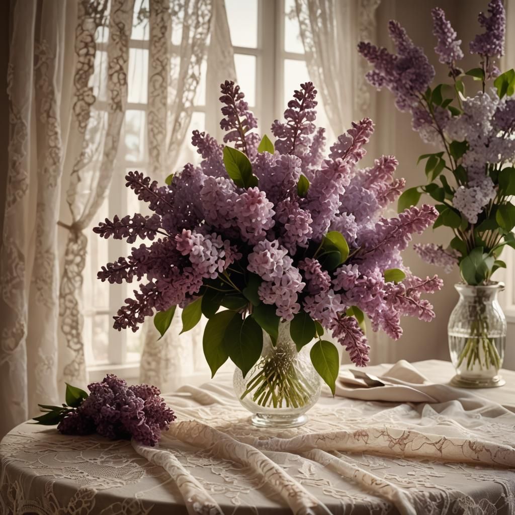 Lilac Bridal Bouquet with Lace, Cinematic Lighting