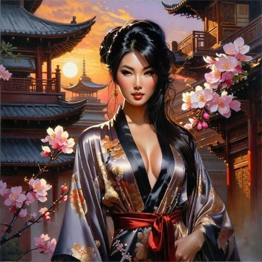 Steampunk Asian Woman Portrait with Cherry Blossoms