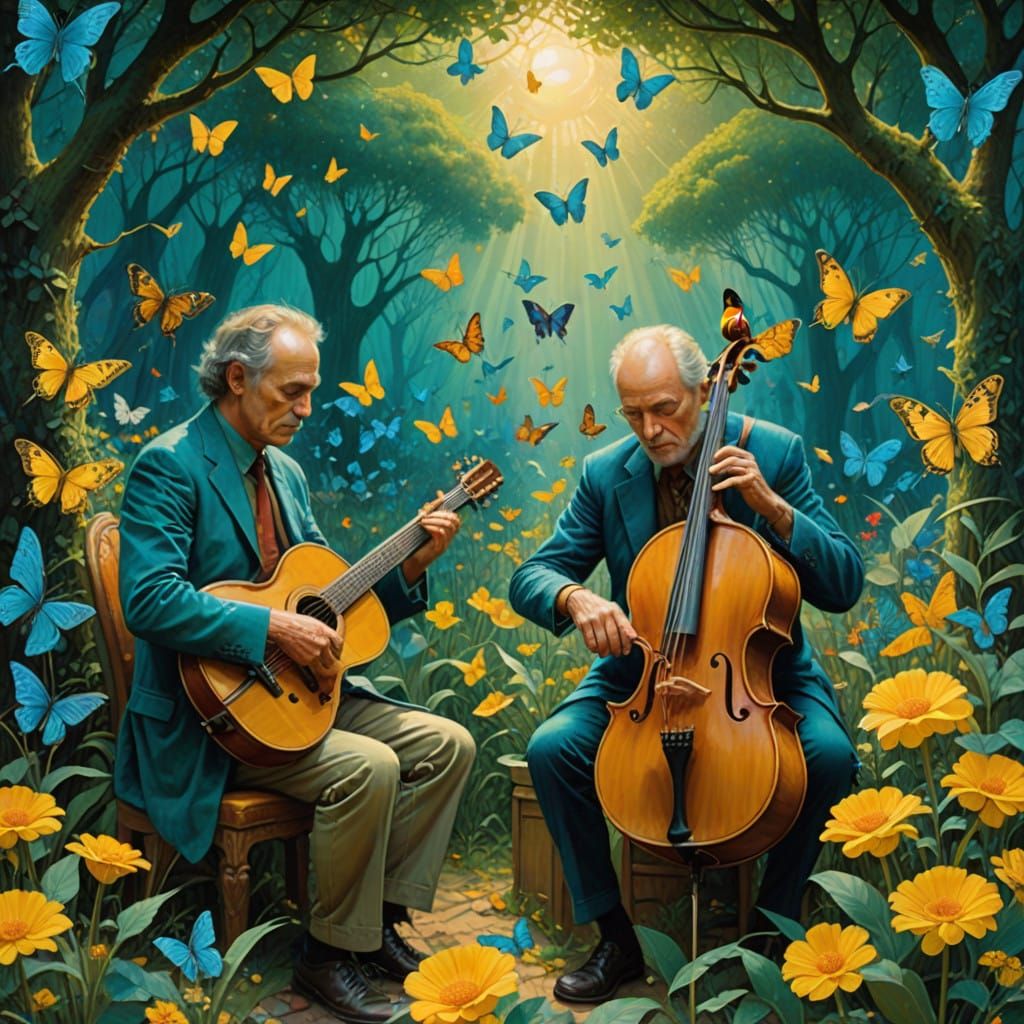 Vibrant Musicians in Whimsical Garden Amidst Iridescent Butt...