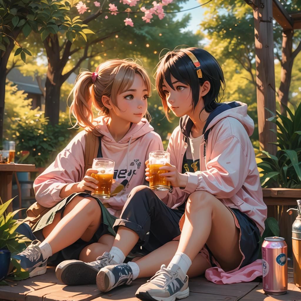 Anime Style Girl and Boy Drinking Beer