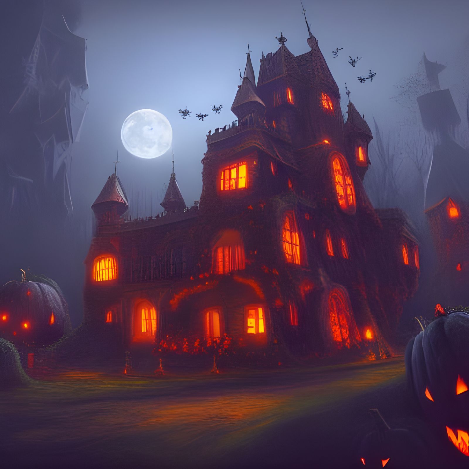 Haunted Castle Guarded by Pumpkins in Fantasy Style
