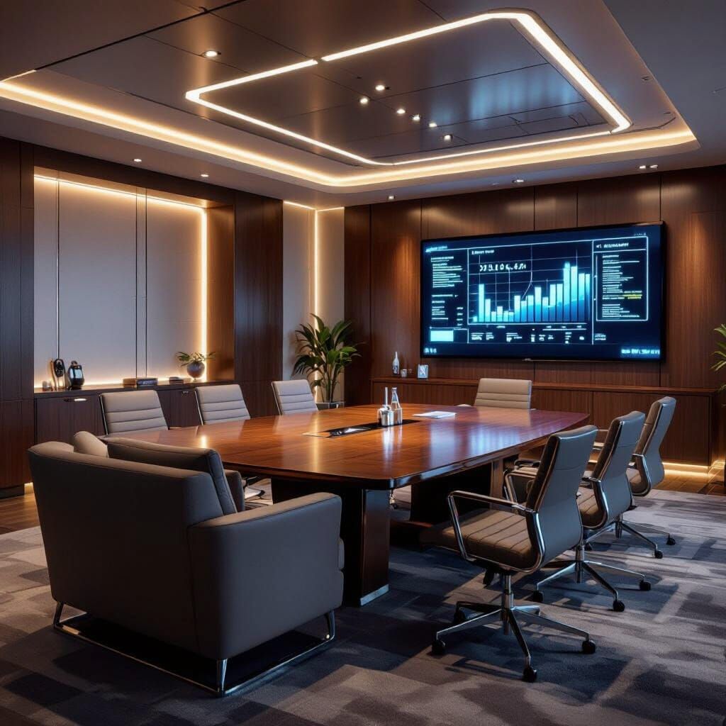 Modern Boardroom with Sofa Seating and Data Visualization Sc...