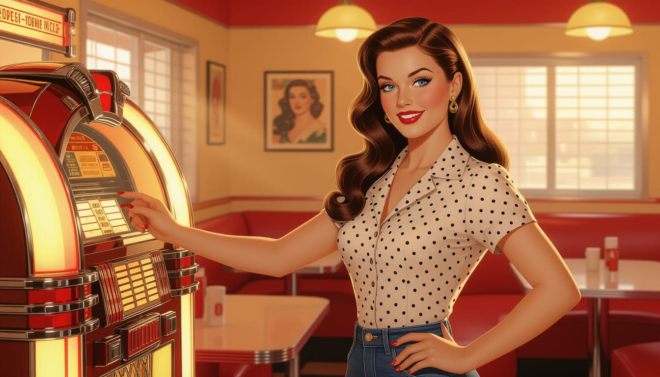 1950s Pin-Up Girl in Diner, Retro Art Style