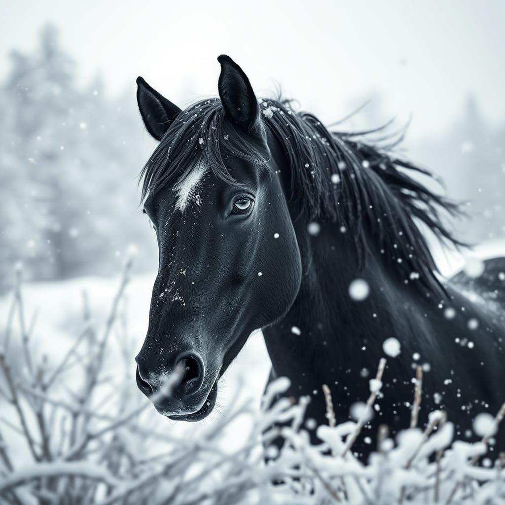 Majestic Black Horse in Snowy Landscape, Oil Painting Style