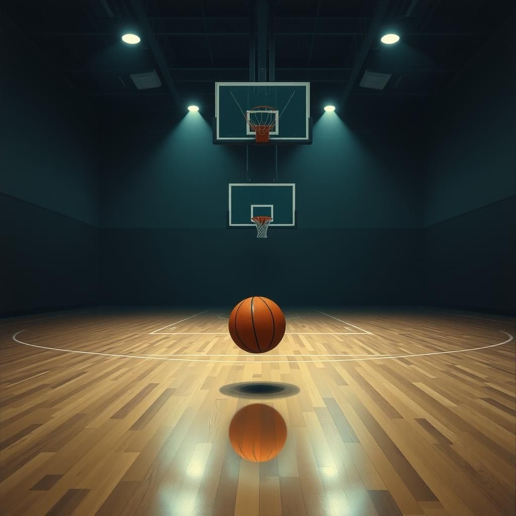 A basketball bouncing on an empty, dimly lit basketball court