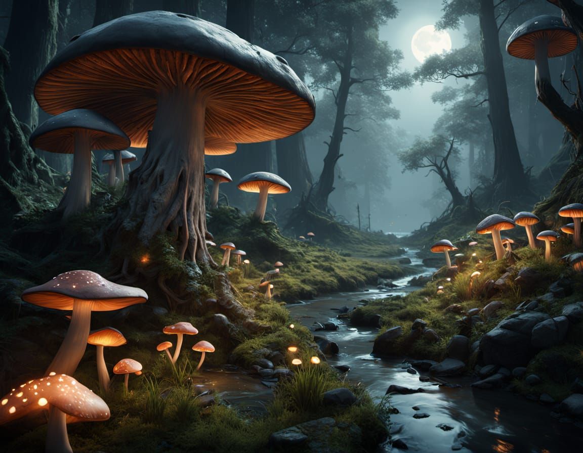 Fantastical Mushroom Forest Illuminated by Bioluminescent Gi...