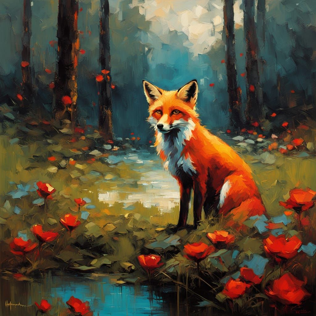Vibrant Expressionist Garden Scene with Red Fox