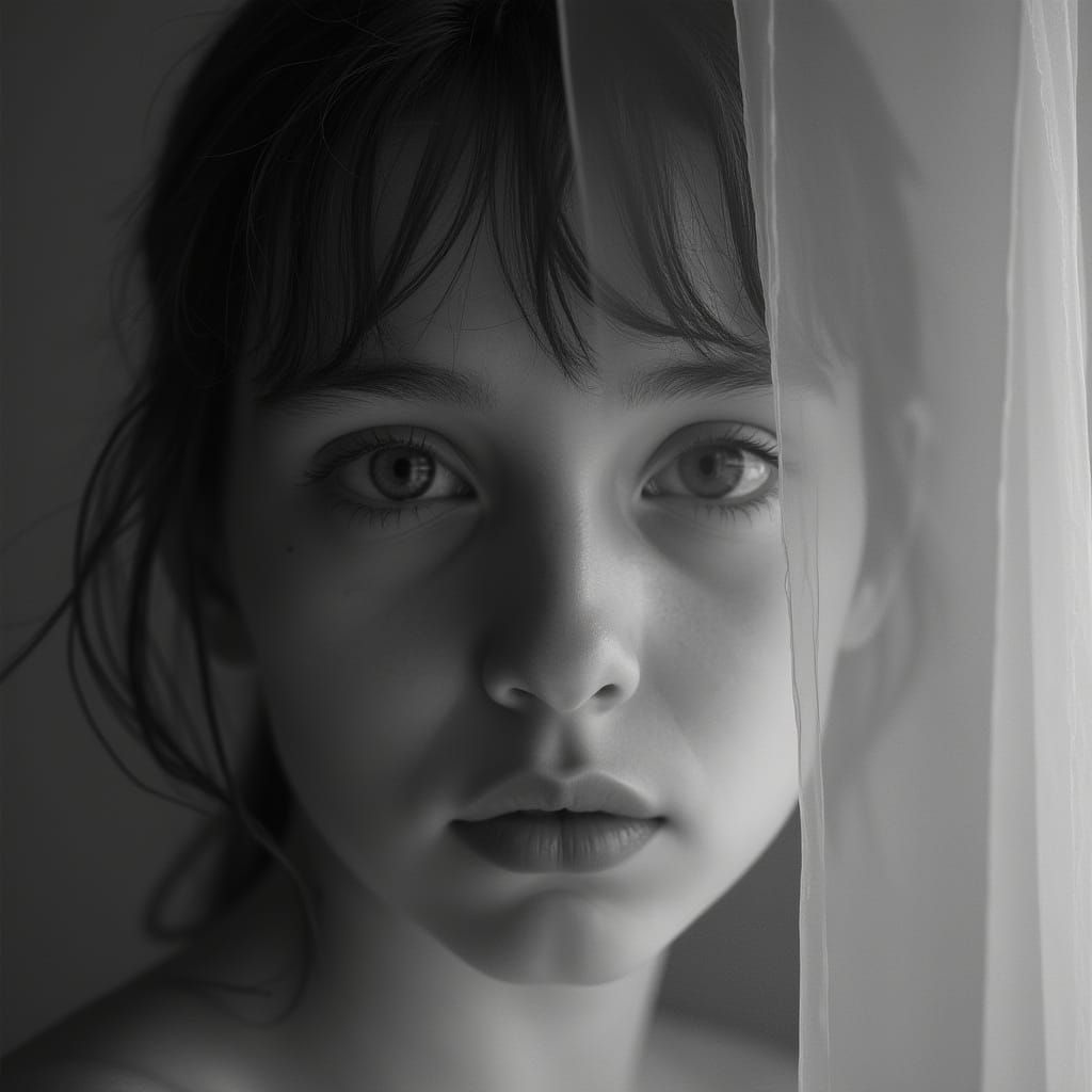 Intense Gaze: A Girl Behind a Curtain