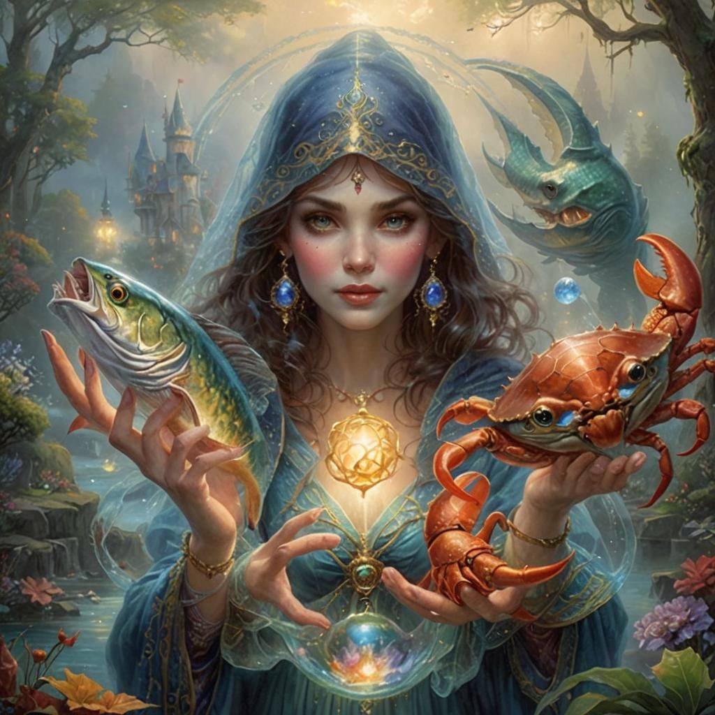 Ethereal Fantasy Sorceress with Fish and Crab