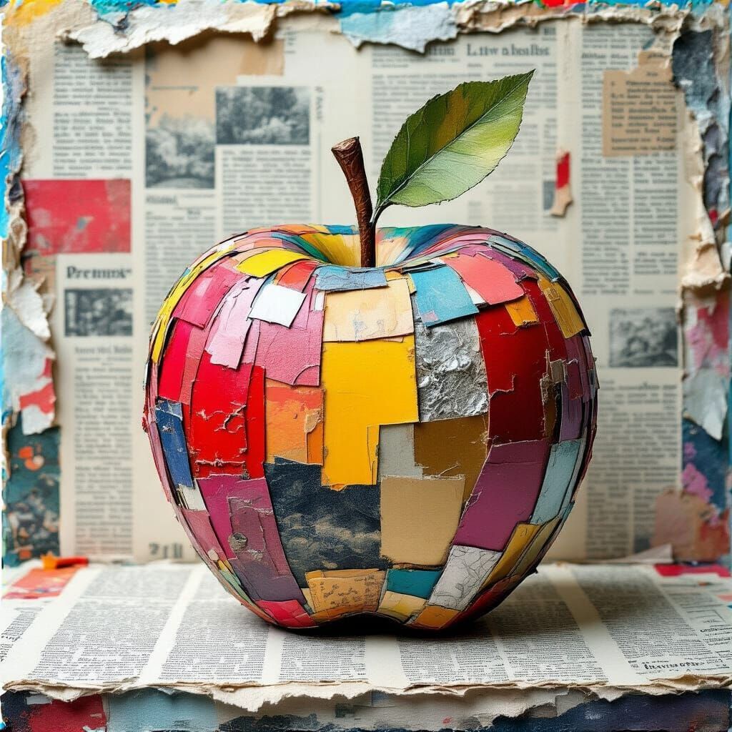 Collage Apple Made of Mixed Media Fragments