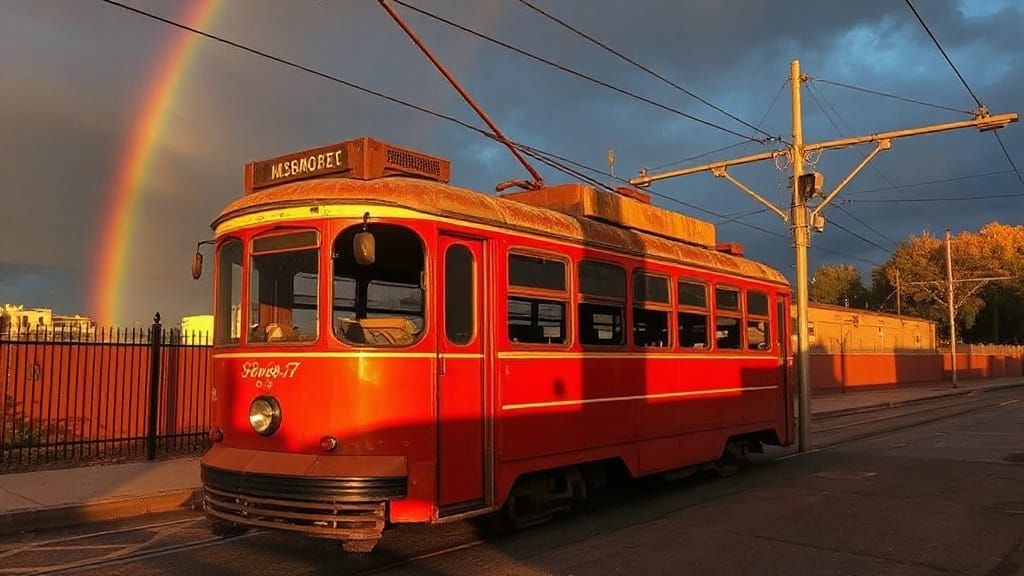 a rainbow over an old streetcar