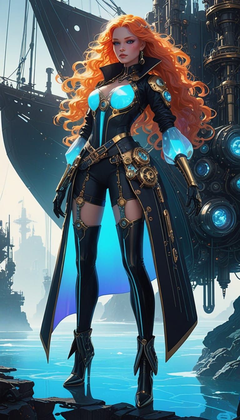 Cyberpunk Siren in Futuristic Pirate Finery