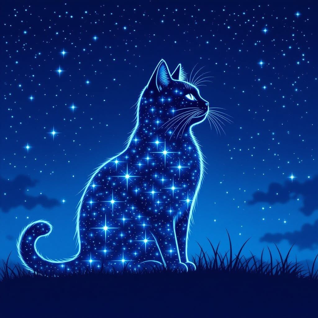 Celestial Cat Silhouette in Starry Night Sky