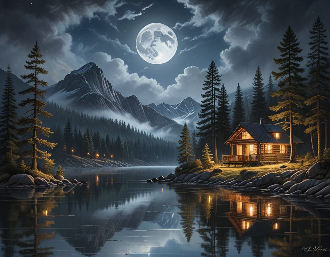 Realistic Painting of Moonlit Mountain Cabin